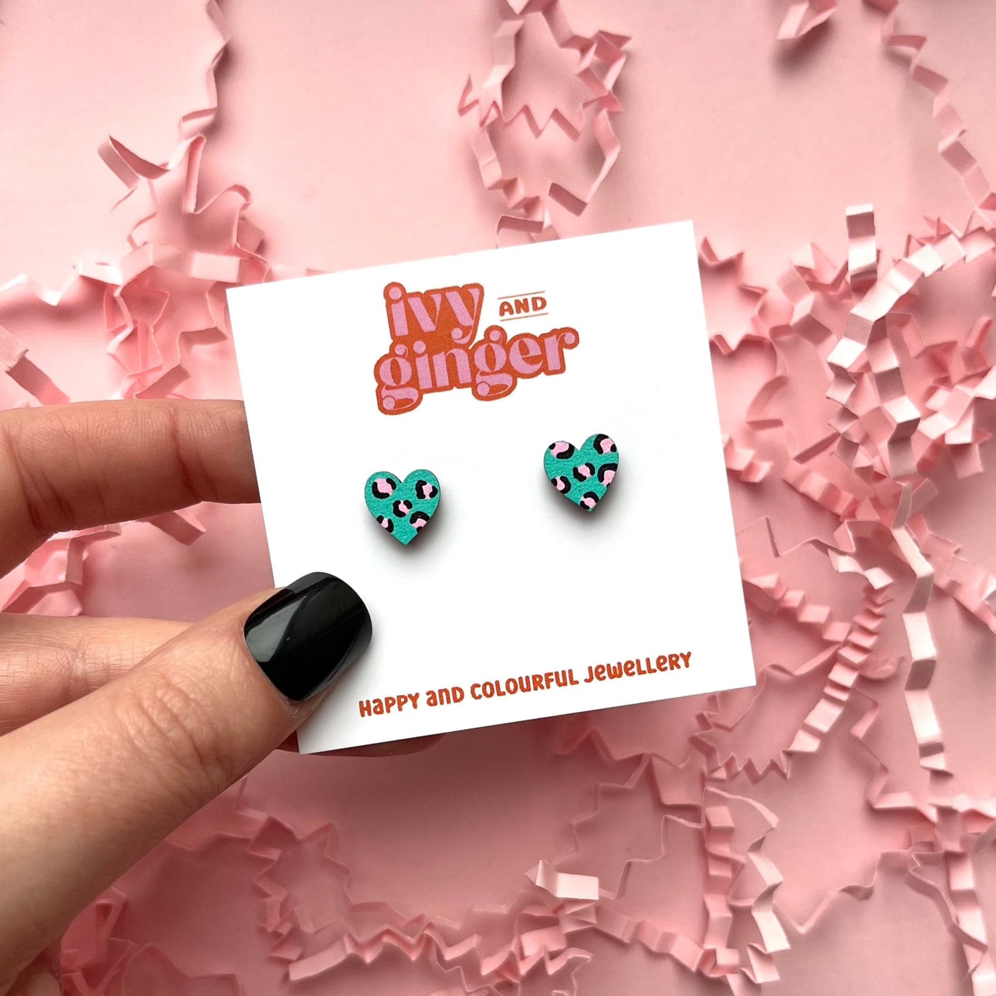 Ivy & Ginger - Mini leopard print heart green and pink stud earrings