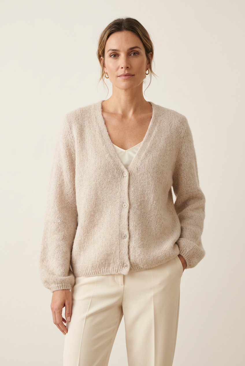 Oat cardigan styled on a model with cream trousers