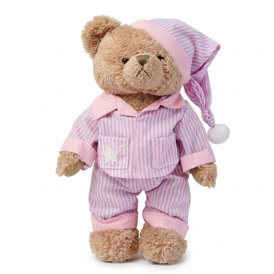 Pink-pyjama teddy on a white background