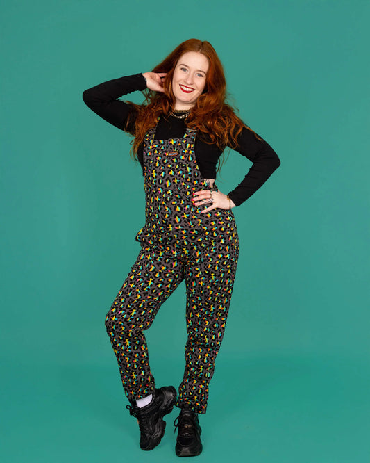 Grey Rainbow Leopard Stretch Twill Dungarees