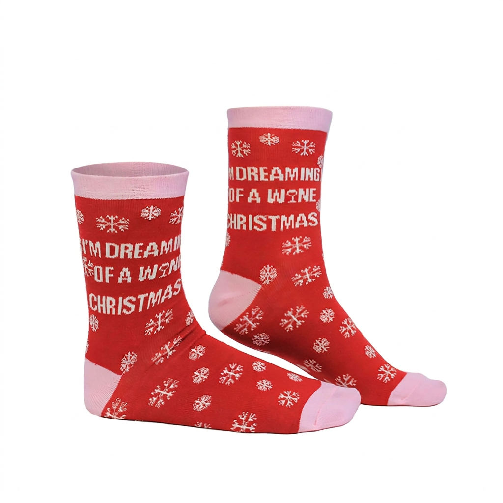 Red Cockney Spaniel 'I'm Dreaming of a Wine Christmas' socks with pink cuffs, heels and toes on a white background