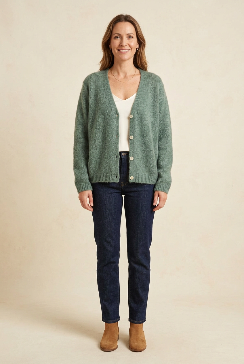 Spruce green cardigan styled on a model