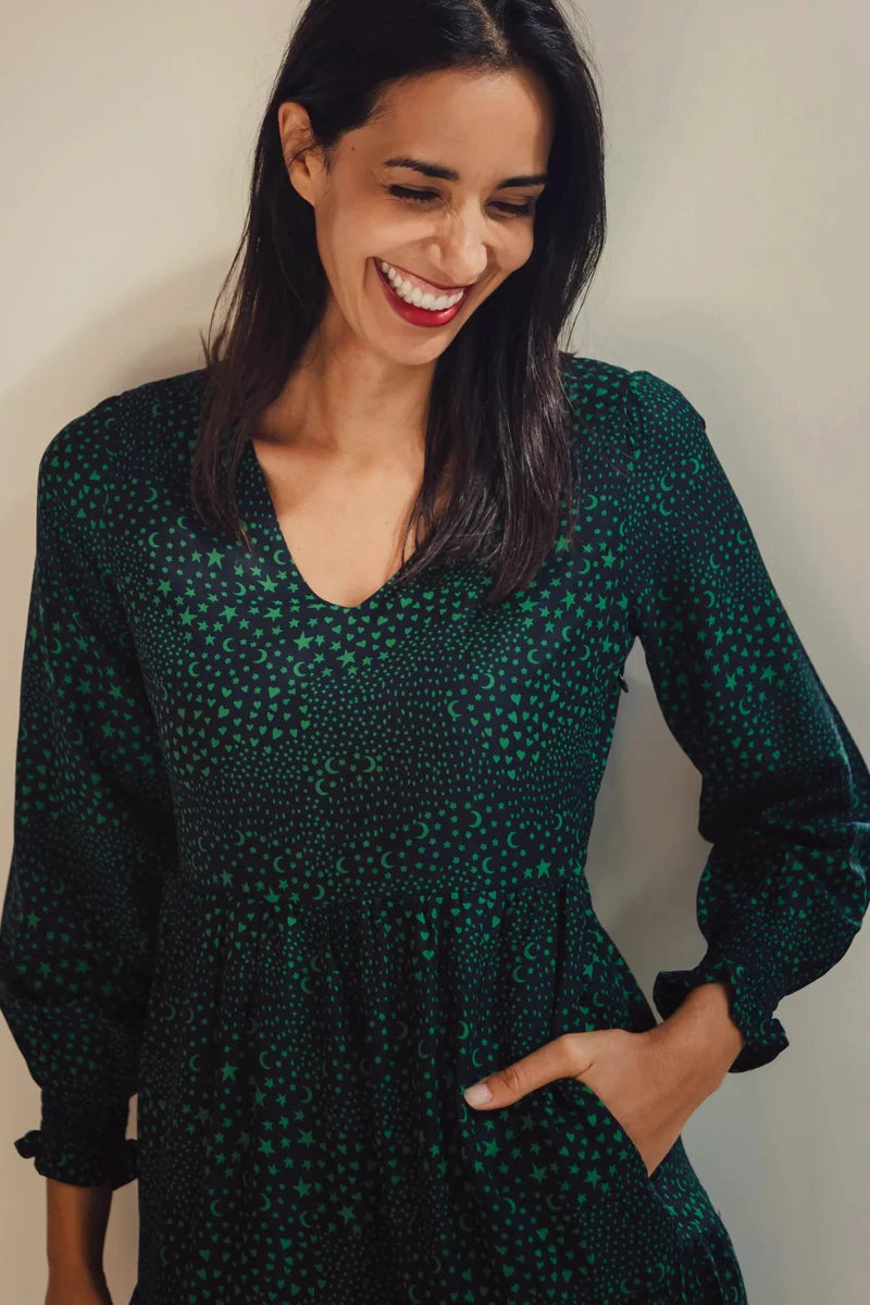 SUGARHILL NOLA V-NECK TIERED MAXI DRESS - BLACK/GREEN, STAR POLKA PATCHWORK