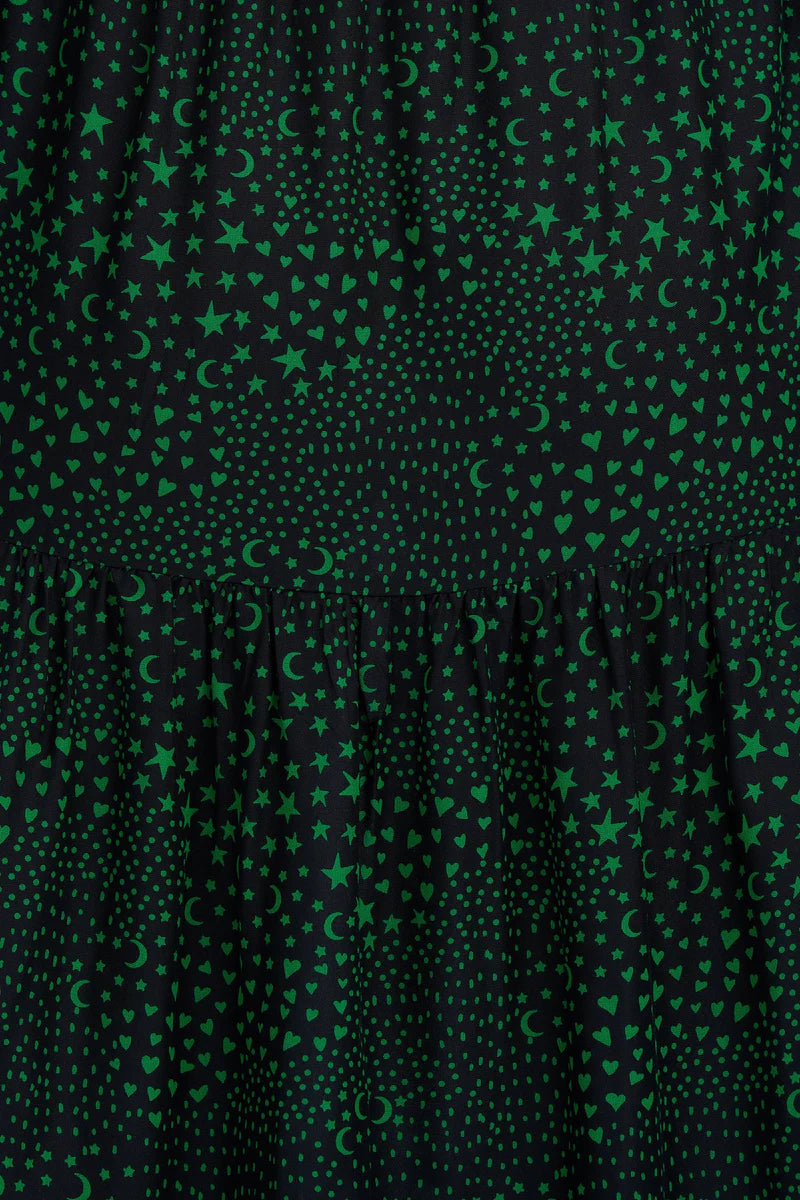 SUGARHILL NOLA V-NECK TIERED MAXI DRESS - BLACK/GREEN, STAR POLKA PATCHWORK
