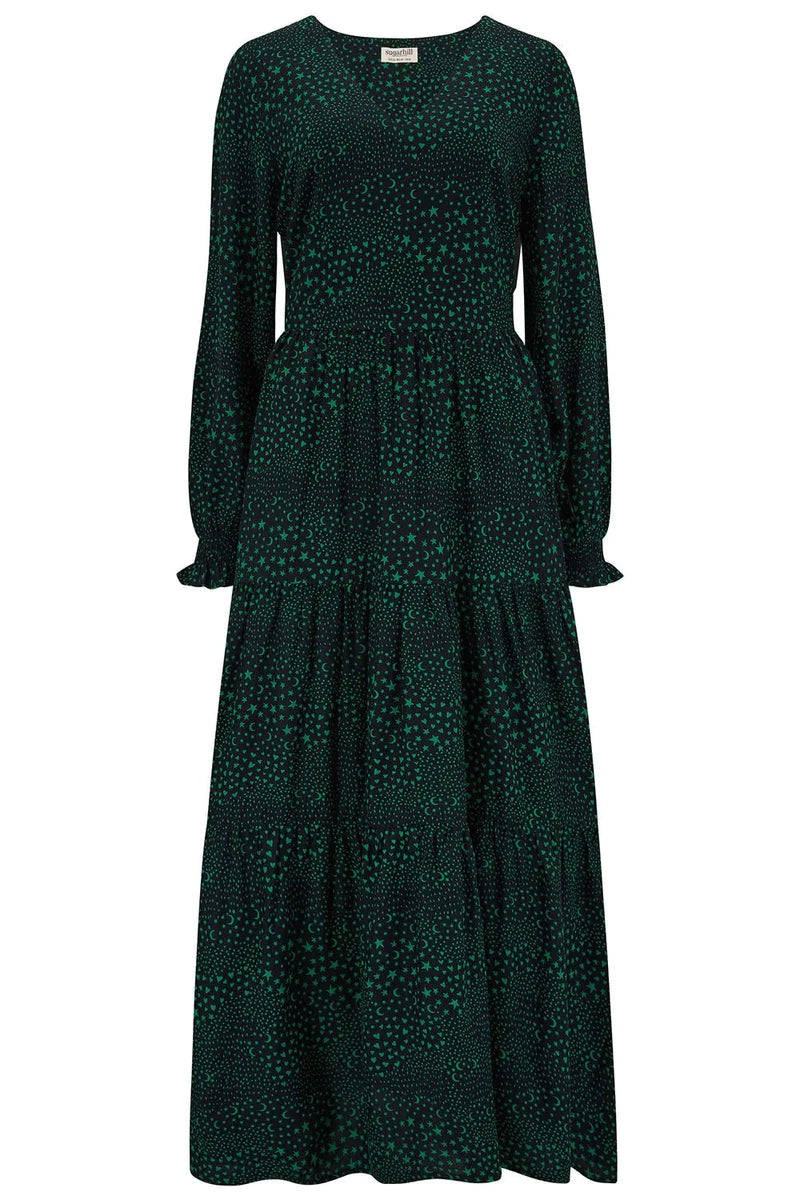 SUGARHILL NOLA V-NECK TIERED MAXI DRESS - BLACK/GREEN, STAR POLKA PATCHWORK