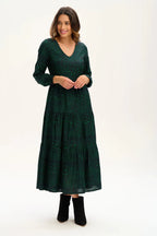 SUGARHILL NOLA V-NECK TIERED MAXI DRESS - BLACK/GREEN, STAR POLKA PATCHWORK