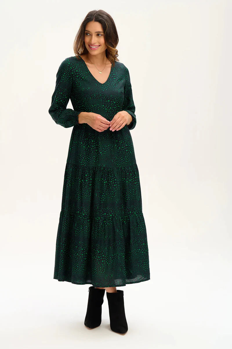 SUGARHILL NOLA V-NECK TIERED MAXI DRESS - BLACK/GREEN, STAR POLKA PATCHWORK