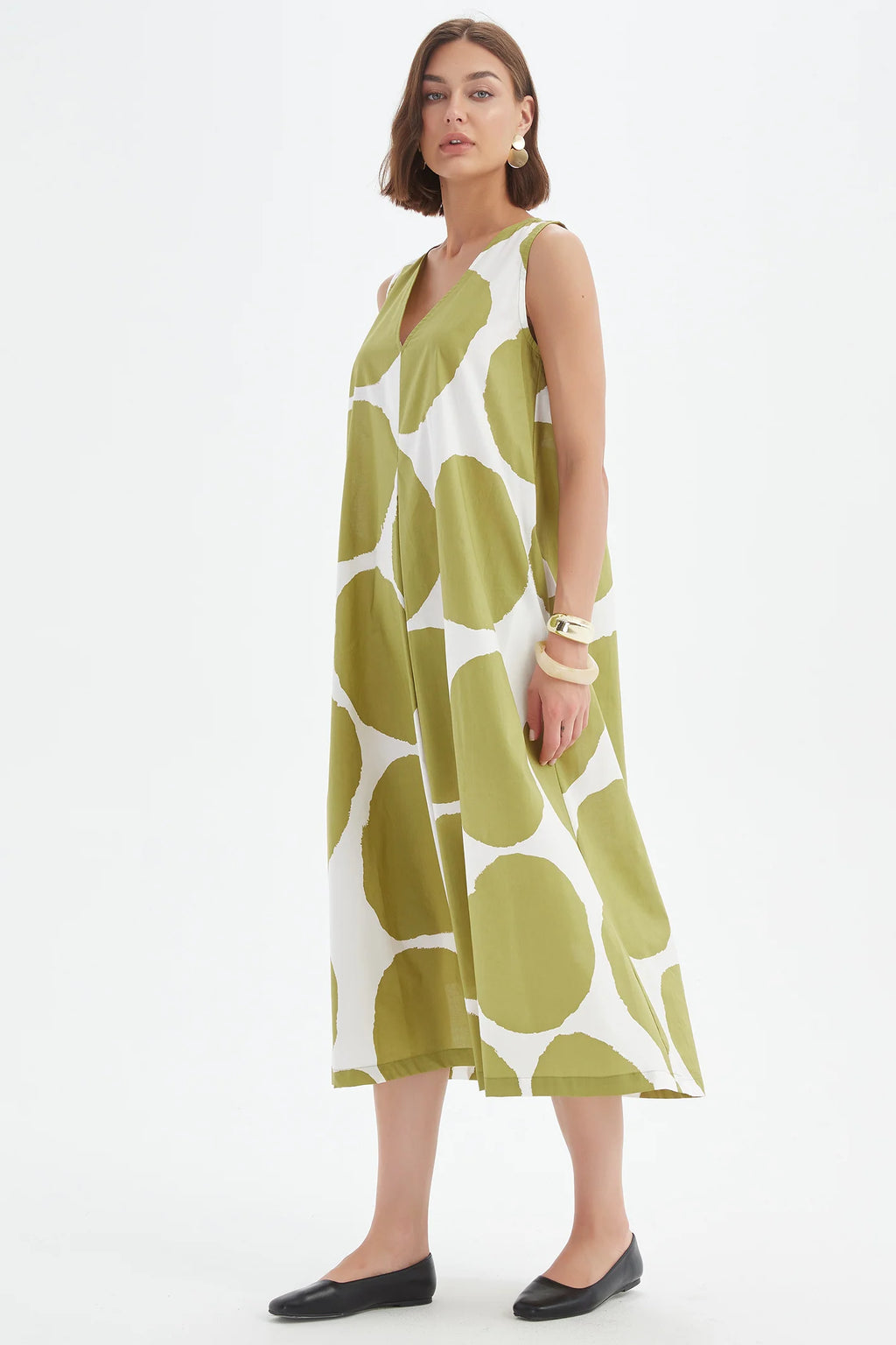 Tirelli - Inverted Pleat Poplin Dress - Chartreuse Green & White Spot