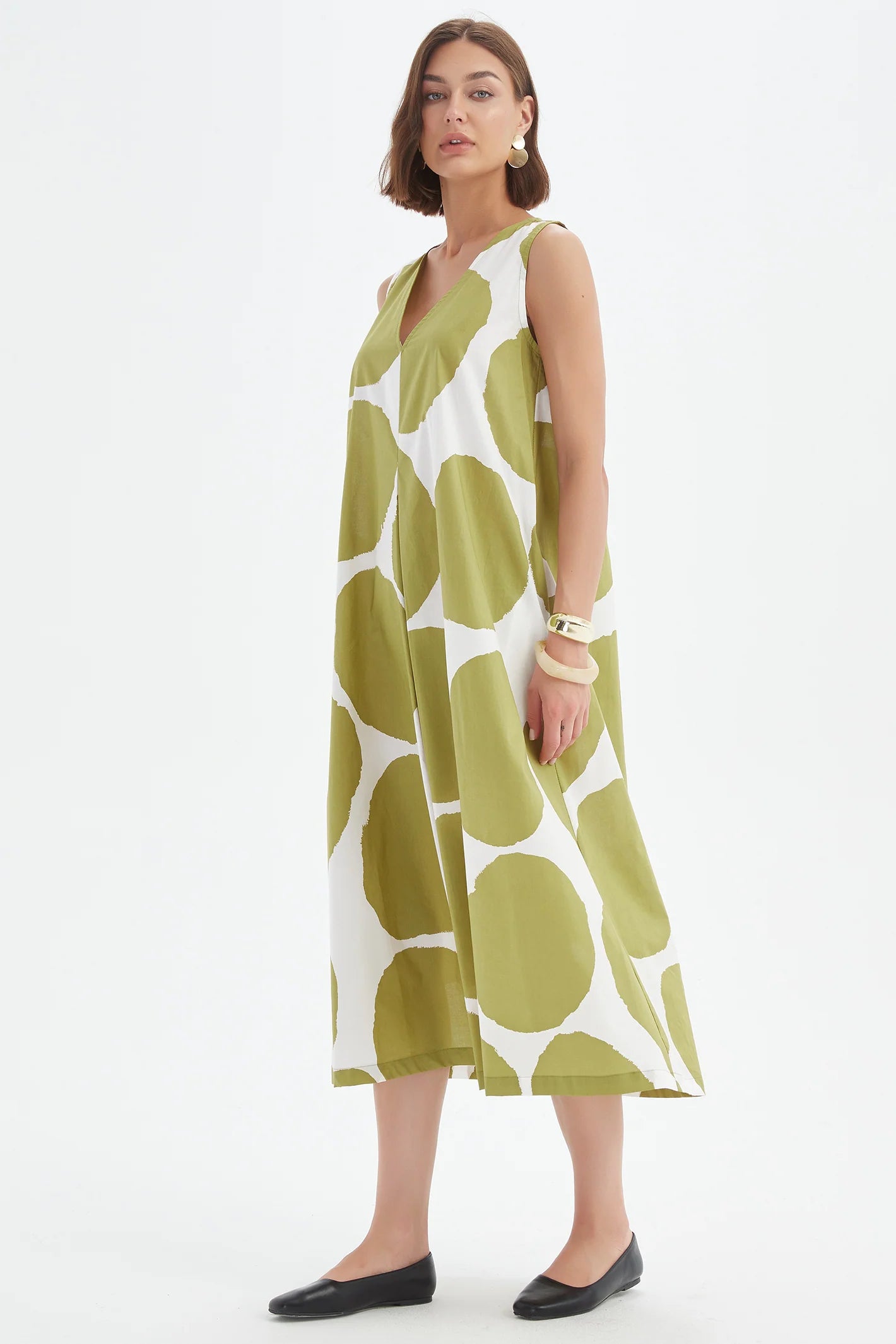 Tirelli - Inverted Pleat Poplin Dress - Chartreuse Green & White Spot