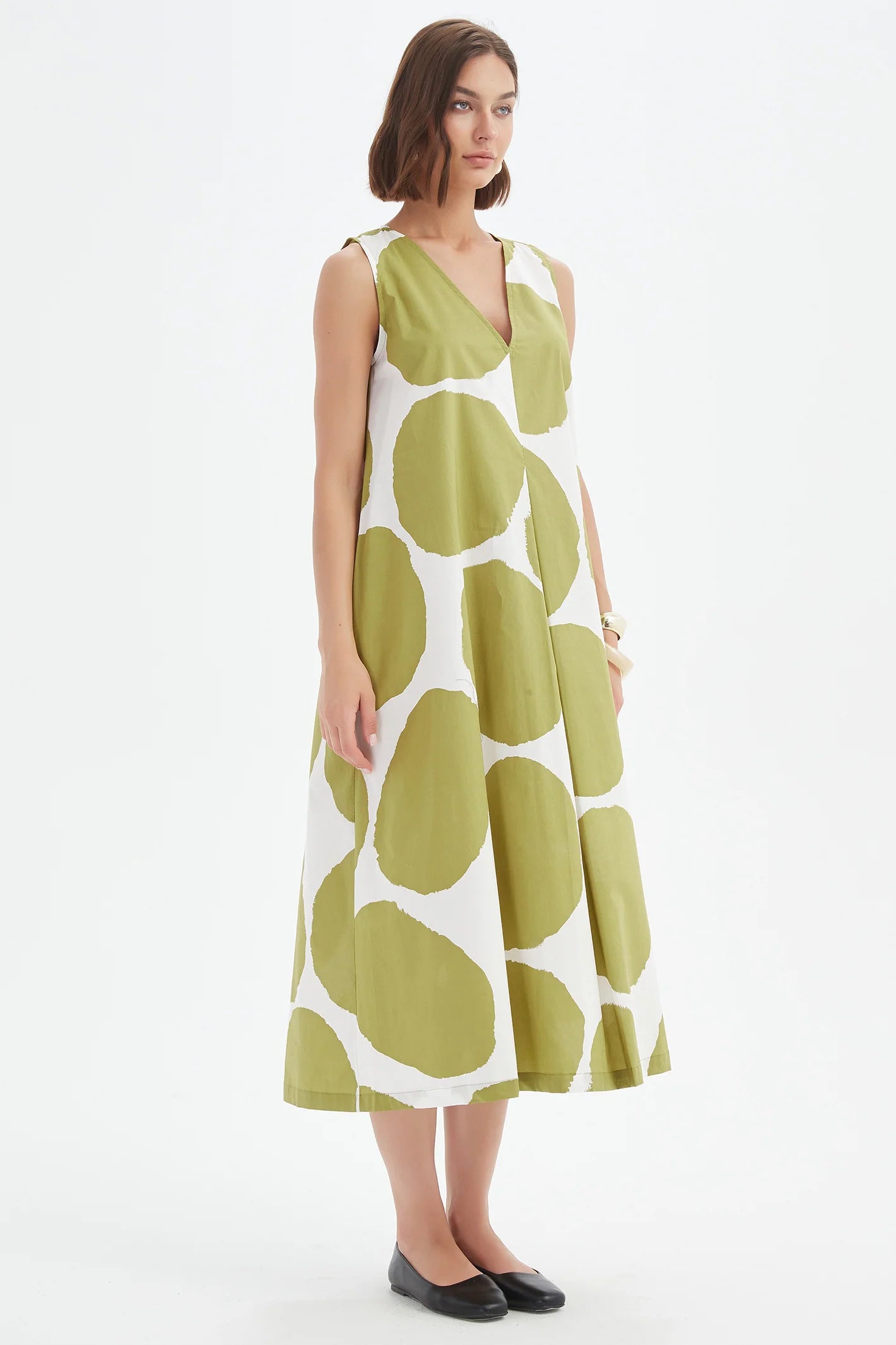 Tirelli - Inverted Pleat Poplin Dress - Chartreuse Green & White Spot