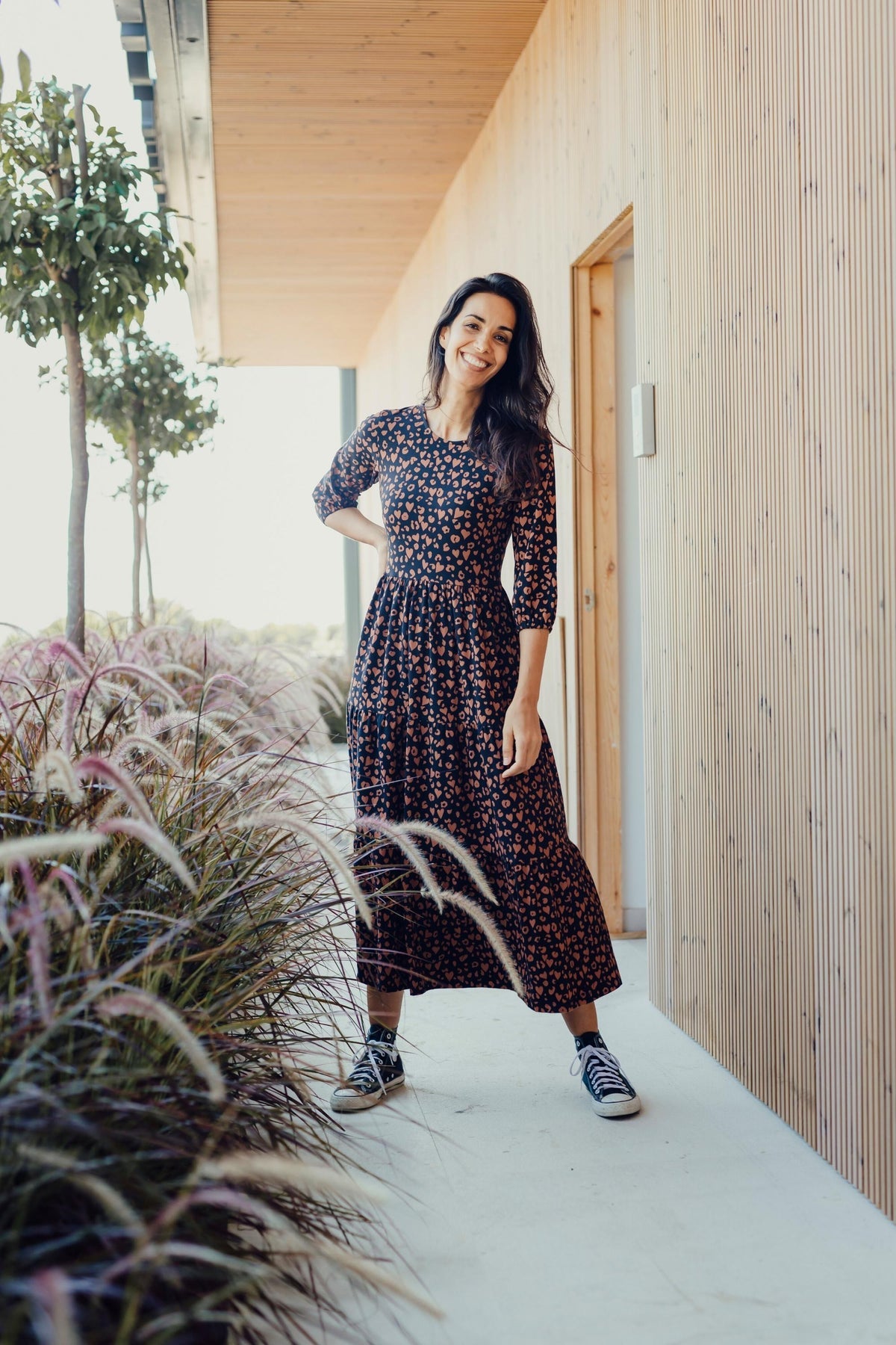 Bakari Jersey Maxi Smock Dress - Black/Rust, Leopard Love