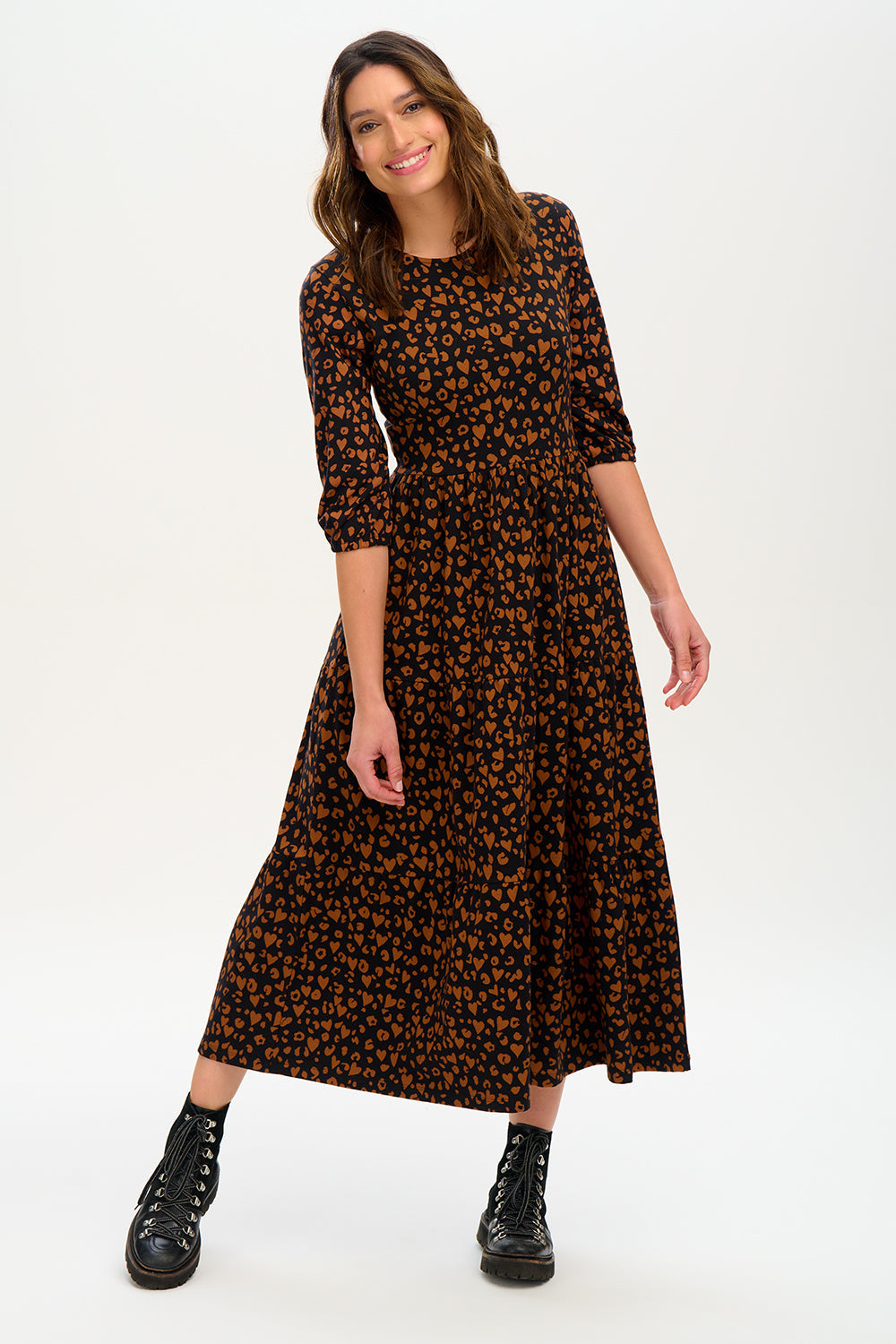 Bakari Jersey Maxi Smock Dress - Black/Rust, Leopard Love