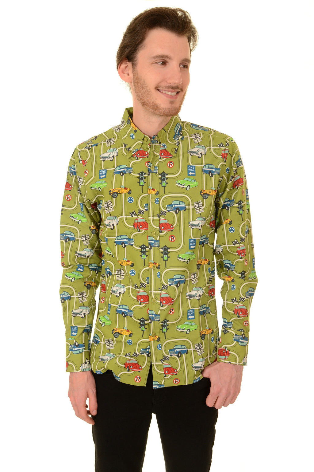 Race Track Car Play Button Down Long Sleeve Shirt