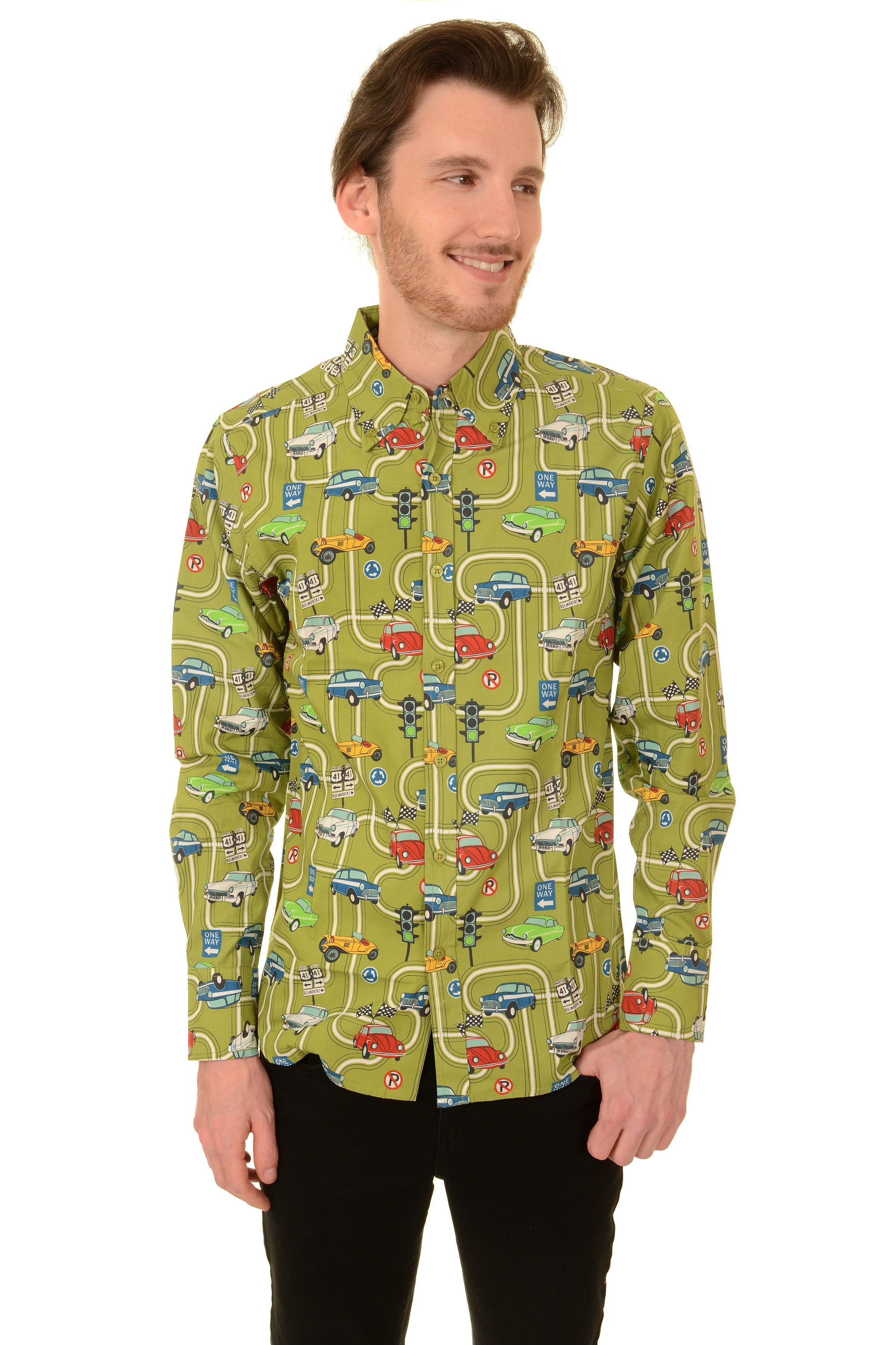 Race Track Car Play Button Down Long Sleeve Shirt