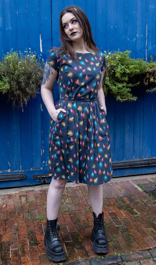 Festive: Fairy Lights Stretch Belted Tea Dress with Pockets
