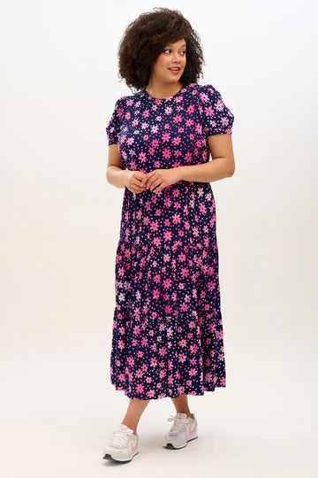 Portia Batik Maxi Tiered Dress Navy/Pink Flower Power