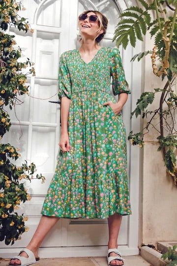 Magdalene Midi Shirred V-Neck Dress Green Soft Rainbow Floral
