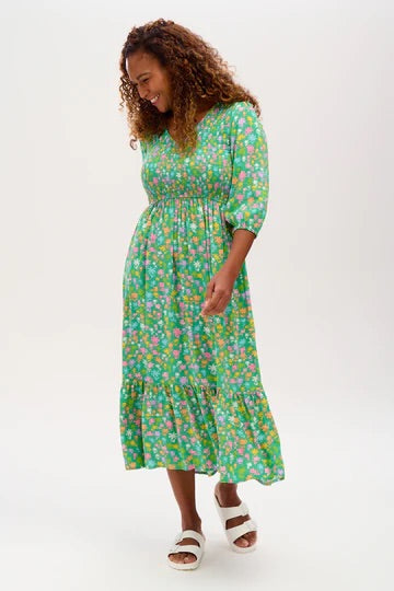 Magdalene Midi Shirred V-Neck Dress Green Soft Rainbow Floral