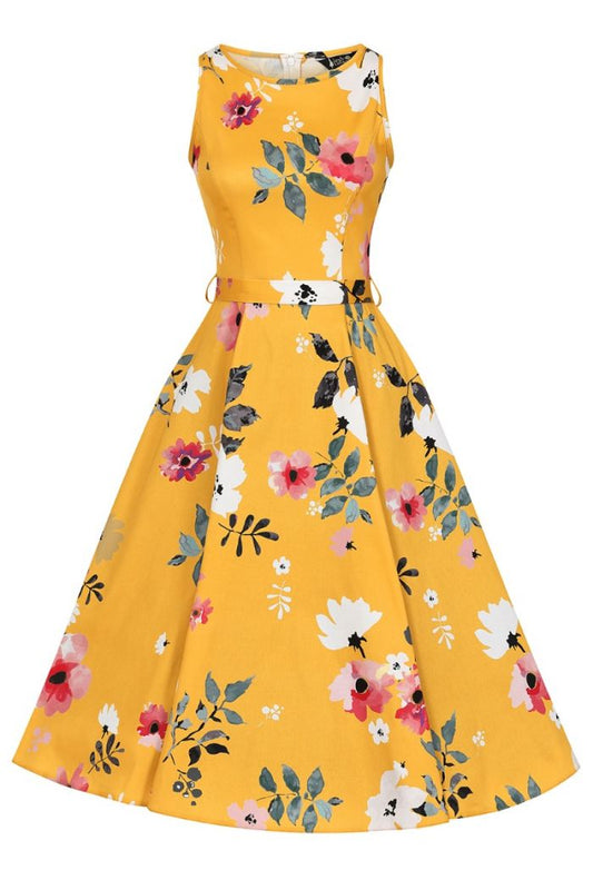 Lady Vintage - Watercolour Mustard Hepburn Dress