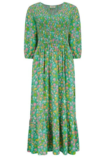 Magdalene Midi Shirred V-Neck Dress Green Soft Rainbow Floral