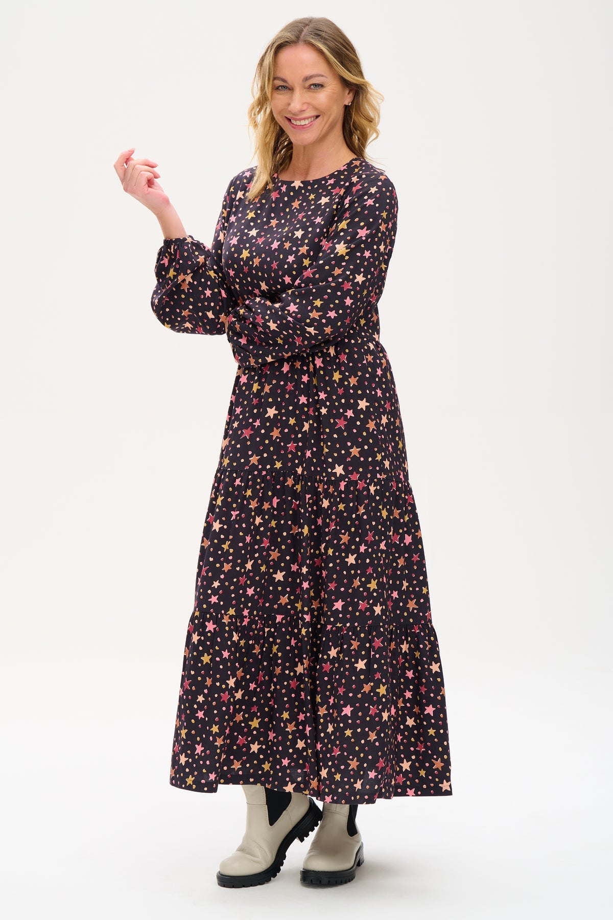 Shania Maxi Tiered Dress - Black, Cutout Stars